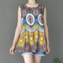 여름 시원한 밑단 프릴 민소매 나시 러플 블라우스 화려한패턴 고급무늬 이너 티셔츠 루즈핏 휴양지룩