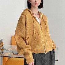 뜨개진 여성용 루즈핏 포켓 니트 레이션 후드 집업