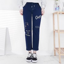 103st 배기핏 캐릭터 자수 편한 고무줄 청바지 2종 택1/여성 스판 밴딩 생지 데님 팬츠