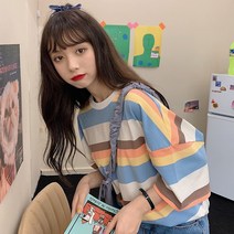 단가라반팔티셔츠 무지개 색상 여성 트렌드 인싸템 와이드 루즈핏 하라쥬크 소프트스타일 극 불 상의 2333663115