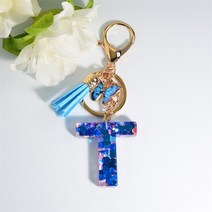 가방 악세사리 악세서리 키링 뱃지 패션 26 글자 수지 키 체인 블루 나비 술 펜던트 이니셜 열쇠 고리 여성용 장식 액세서리 쥬얼리 선물, [20] T