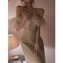 웨딩촬영커플룩 77사이즈원피스 예복원피스 여성용 여름 오프숄더 패치워크 드레스 우아한 미디 바디콘 의