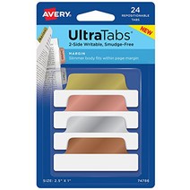 AVERY Ultra Tabs Repositionable Margin Tabs Two-Side Writable 2-1/2 x 1 Metallics 24 Tabs (74786, 1, 24 Tabs (74786), Metallics, 2