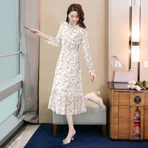 DFMEI 여성 쁘띠 시폰 날씬해 보이는 미디엄 드레스 선녀 플라워 원피스