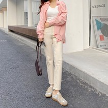 일자핏스키니 베이지칼라 스트레이트진 여성 2022 년 봄계절 슬림 9부 작은 튜브 배기 팬츠 3835613974