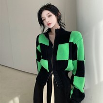 여성풀오버 스웨터체스 판 격자 무늬 스웨터 여성 가을과 봄 짧은 디자인 녹색 탑 틈새 지퍼 니트 카디건