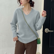 데일리앤 베이직 루즈핏 여성 브이넥 롱 니트 캐츠
