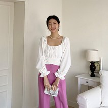 빈스홀릭 여성용 버블비 뒤트임 언발 크롭 블라우스