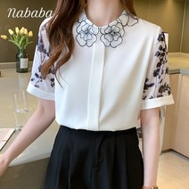 나바바 NB717 여성 플라워 레이스 세련된 라운드넥 반팔 블라우스