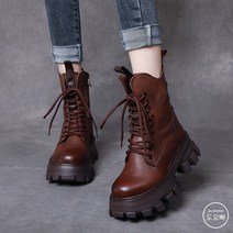 도오빠 여성 소가죽 워커 기모 부츠 키높이 6cm 통굽 레이스업 털 안감 앵클부츠 가을 겨울 발편한 신발 여자워커