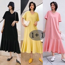 JUST FEEL!NG 1+1 여성 여름 브이넥 빅사이즈 루즈핏 반팔 플레어 원피스 150kg까지