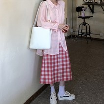 [] 여자 여름 파스텔톤 캔퍼스룩 편한 데일리 체크 롱스커트