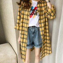 빅사이즈 봄가을 여성 긴팔 롱 체크 셔츠 원피스 블라우스 남방 루즈핏 데일리 아우터 간절기