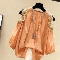 쩐쿠 봄 여름 여성 플라워 어깨트임 긴소매 블라우스 Z202