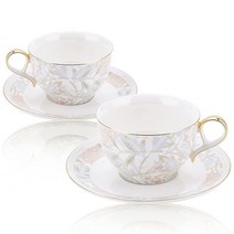 Taimei Teatime 도자기 차 세트 인퓨저가 있는 찻주전자 1개(1.0L(37온스)) 찻잔 및 받침 4개 백합 꽃 패턴이 있는 여성을 위한 티 세트 차 애호가를 위한, cup and saucer set for 2