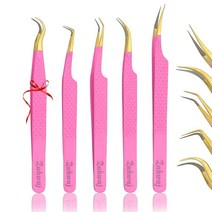 ZAHWAJ 속눈썹 연장용 섬유 팁 핀셋 5개 세트 일본 스테인리스 스틸 다이아몬드 그립 블랙 USA 미국, Pink