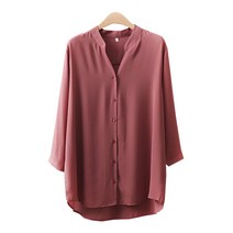 네추럴 모던 트임 롱 블라우스 여성 7부 차이나 브이넥 빅사이즈