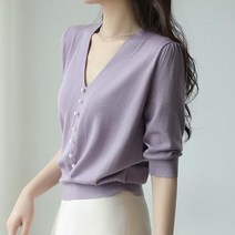 패션시그널 패션시그널 5부소매 진주버튼 브이넥 니트