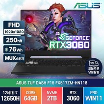ASUS TUF Dash F15 FX517ZM-HN118 최신 인텔 12세대 i7-12650H RTX3060 고성능 게이밍 윈도우11 노트북, WIN11 Pro, 오프 블랙, 64GB, 2TB, 코어i7, FX517ZE