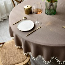KA 린넨 태슬 레이스 원형 테이블보 4인용 6인용, 180cm, 태슬 -브라운