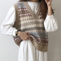 코지 여자 유니크한 인디언 패턴 브이넥 니트 베스트