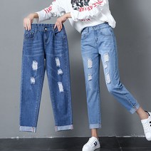 데미지 청바지 여성 여름 9부 대미지 팬츠 와이드 루즈핏 슬림핏 밴딩웨스트 숓 일자 3264118386