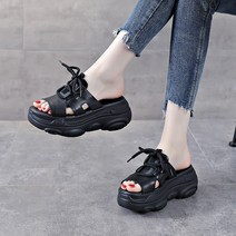 여름 리얼 가죽 반 슬리퍼 여 오픈토 빈티지 캐주얼 일자 웨지 송편 통굽 샌들