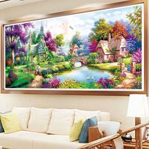 HAENGBUK 대형 사이즈 보석십자수 북유럽 시골마을 풍경 DIY 키트, 하나, 180X70cm