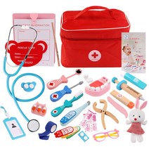 Wooden Teether 의사 놀이 목제 장난감 잔디 세트 미니 닥터 롤 플레이 치과 의사 놀이 수납 가방 첨부 생일 선물 출산 축하 소녀 소년 어린이용 지육 완구 의사 세트 플레이 게임 (안경의 색이 무작위로 발송된다)