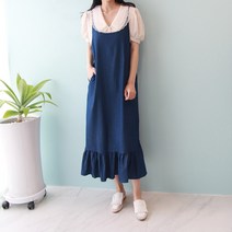 모조로브 / 레이어드 어깨끈 데님 청 뷔스티에 롱 원피스