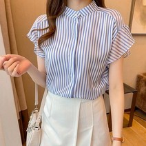 2022 새로운 여성 여름 탑 블루 스트라이프 쉬폰 블라우스 o 넥 여성용 경량 반소매 플레어 슬리브 셔츠 mq18