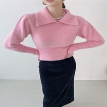 여자 빅카라 슬림핏 분홍티 에코퍼 니트