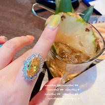 밝은 공주 분홍색 보석 바비 하트 링 18K 골드 돔 모드 워터 블루 베더 러브 오픈 링