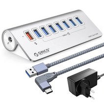 오리코 알루미늄 8포트 USB3.2 Gen1 5Gbps 12V 3A 유전원 USB허브 + PD18W 충전 M3U7Q1, USB*7+PD18W*1, A to C(1m-90°)+유전원