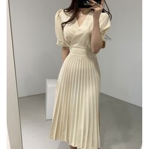 Tamina 롱 원피스 A라인 스커트 브이넥 반팔 티셔츠 폴리에스테르