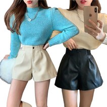 JUSTFEELING 겨울 패션룩 키작녀 반밴딩 a라인 모임룩 인조 가죽 여자 숏 팬츠 반바지