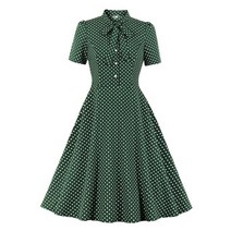 여성 드레스 패션 의류 허리밴드 보우 타이 넥 버튼 프론트 폴카 도트 핀업 빈티지 셔츠 드레스 여성 라인 여름 여성 우아한 녹색 드레스