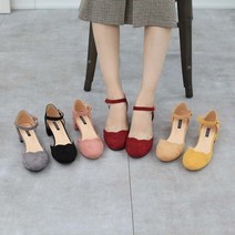 여성 스웨이드 발편한 둥근코 메리제인 스트렙 펌프스