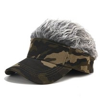 Mens Novelty Sun Visor with Spiked Fake Hair Camouflage Print Adjustable Snapback Wig Baseball Hat H, [02] Black