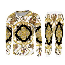 남자 명품 트레이닝복세트UJWI-럭셔리 골든 3D 무늬 남자 겨울 자켓 정장 스포츠 버튼 티셔츠 바지 2 피스