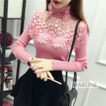 Makone 상표등록 높은 칼라 바닥 셔츠 여성 레이스 스웨터 가을과 겨울 여성 블라우스 스위트 메쉬 중공 풀오버 긴 소매 스웨터