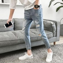 청바지 찢청 대미지 데님 팬츠 남자 잔발 와이드 한국판 트렌드 걸 팬츠 9부 슬림 봄 여름 코디 9부 팬츠
