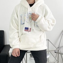 지금JIIGEUM 남녀공용 오버핏 뽀글이 USA 홀로그램 자수 양털 후드 티셔츠 후리스 커플 겨울