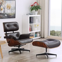 임스라운지 체어 1인용 소파 의자 인테리어가구 Eames 의자 풋스툴, 의자 PU가죽, 블랙, 호두목무늬
