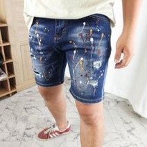 남자 여름 청 반바지 디스 페인팅 스판 5부 팬츠