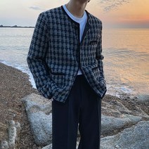 남성용 트위드 버튼 노카라 긴팔 자켓