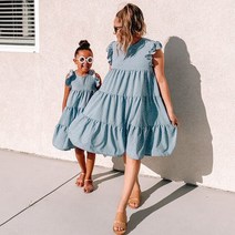 모녀 원피스 시밀러 엄마딸 맘 커플 룩 여름 엄마와 딸 가족 모양 Crewneck 민소매 Ruffle 패널 DressMommy and me clothes 캐주얼 매칭 패밀리 의상