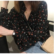러블리 쉬폰 꽃무늬 블라우스 퍼프 긴팔 봄가을 화이트 셔링 블랙 여자 퍼프소매 플라워