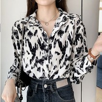 여성 호피 카라 블라우스 브이넥 긴팔셔츠