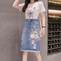 여성 데님 찢청 빅 플라워 하이 웨이스트 에스닉 청 스커트